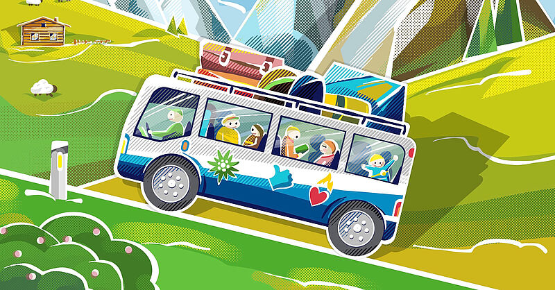 Bunt gezeichneter Bus mit fröhlichen Menschen