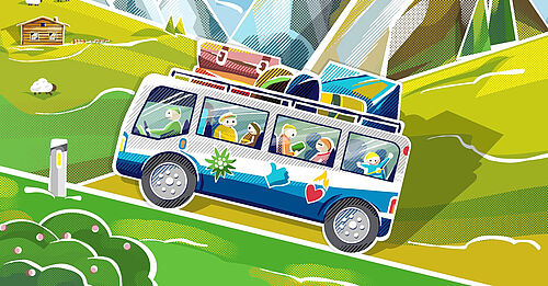 Bunt gezeichneter Bus mit fröhlichen Menschen